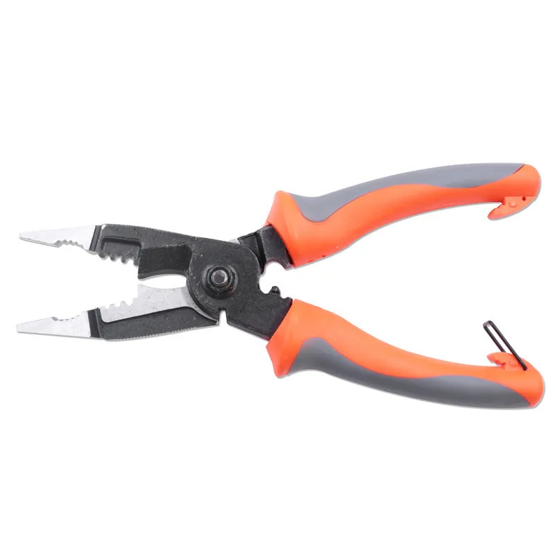 Orange multifunctional electrician's pliers with duckbill jaws and PPR handles, showing wire stripping notch.