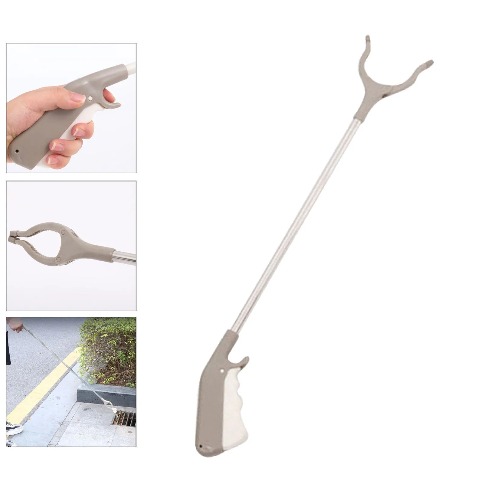 Stainless steel and plastic extended garbage picker tool with push handle and gripper jaws.