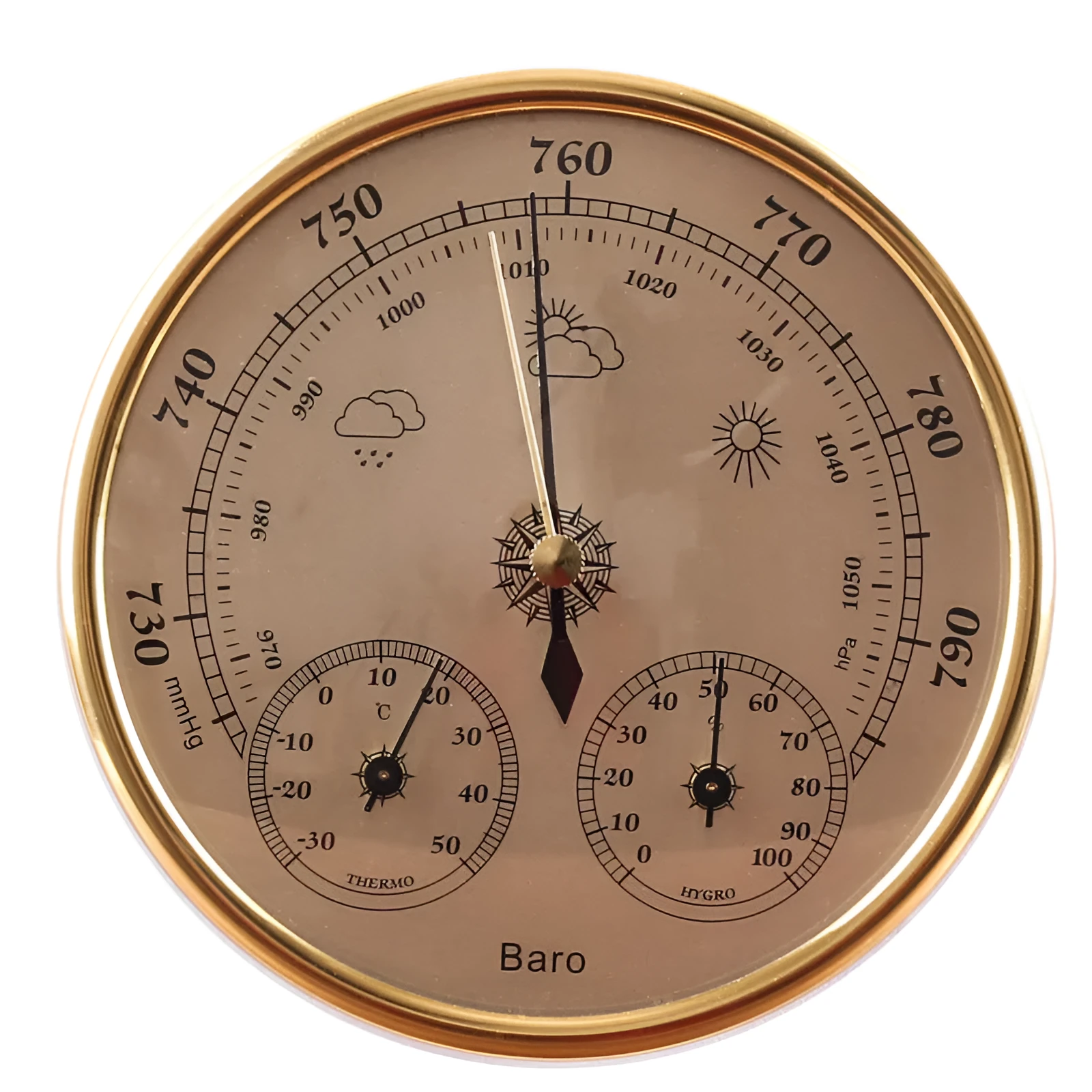 Handheld air temperature and humidity meter in golden or silvery colour with 128mm gauge