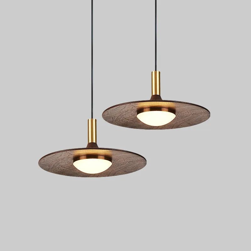 Walnut wood and copper bar chandelier in fish line shape, new Chinese style, showing push button switch.