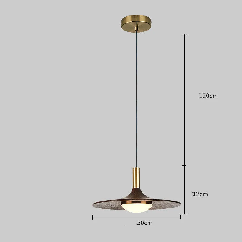 Walnut wood and copper bar chandelier in fish line shape, new Chinese style, showing push button switch.