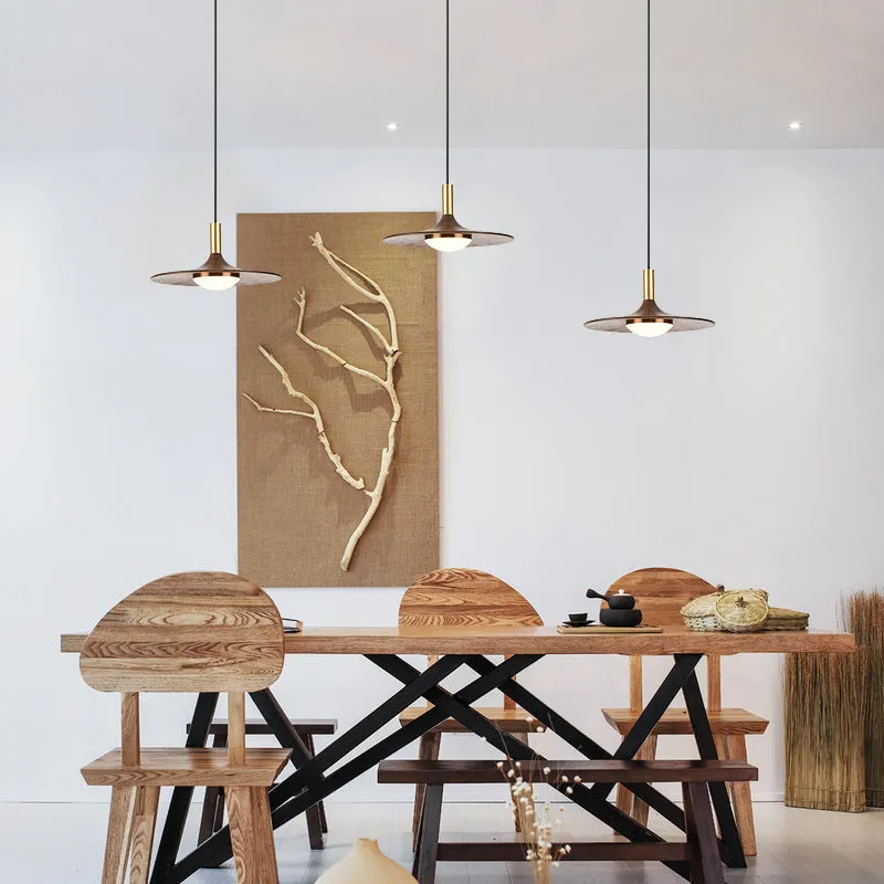 Walnut wood and copper bar chandelier in fish line shape, new Chinese style, showing push button switch.