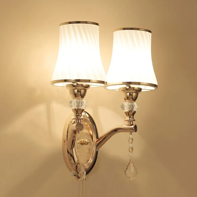 European style wall lamp with glass lampshade, available in single or double head configurations for bedroom or sitting room