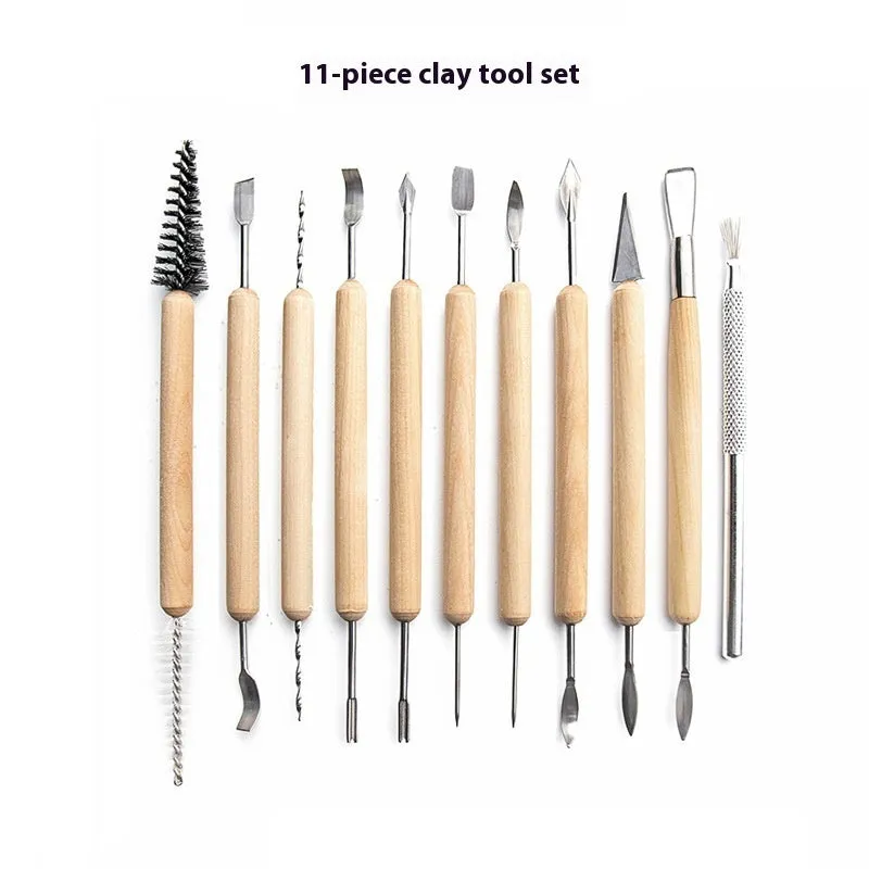 11-piece pottery tool set with stainless steel heads and wooden handles for clay sculpting