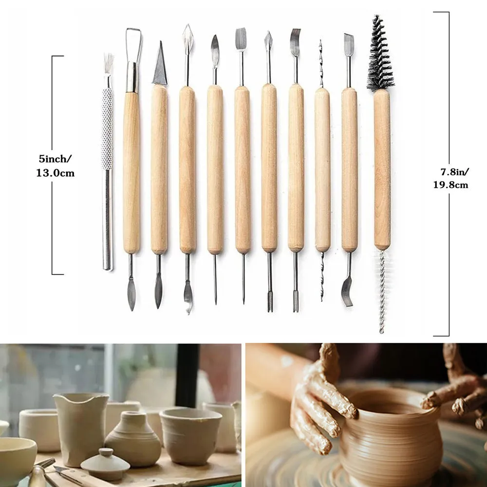 11-piece pottery tool set with stainless steel heads and wooden handles for clay sculpting