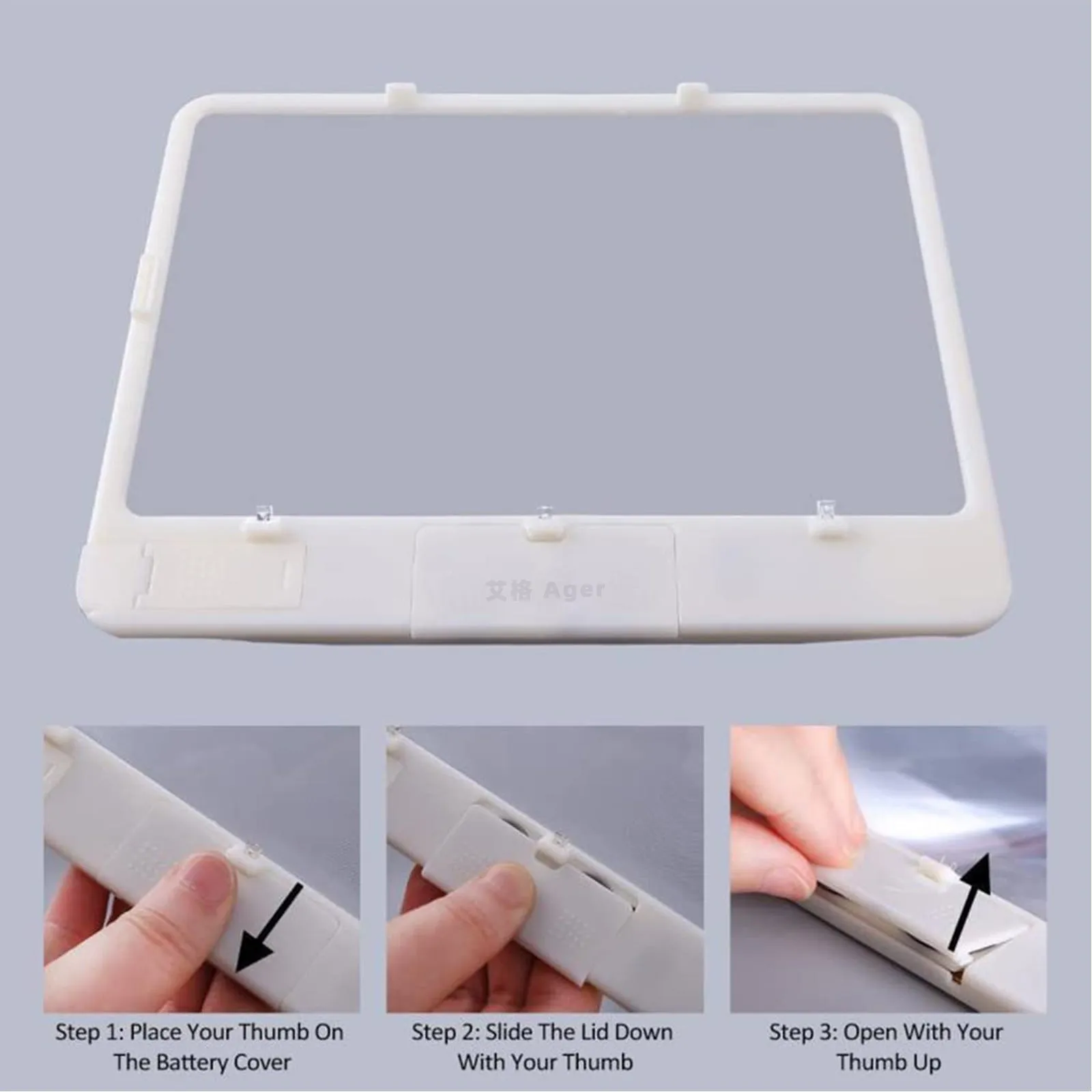 Black or white magnifying glass with integrated LED reading lamp, showing 180x140mm size and 3x magnification lens.
