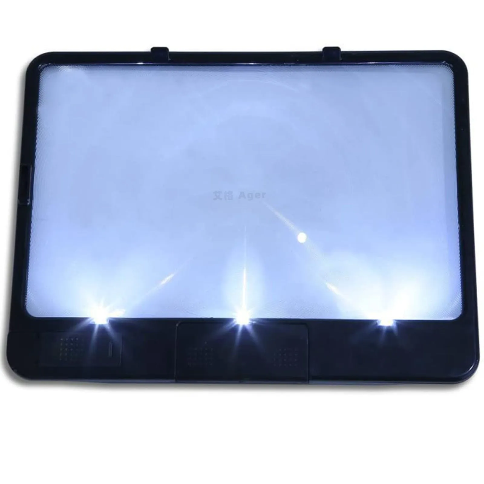 Black or white magnifying glass with integrated LED reading lamp, showing 180x140mm size and 3x magnification lens.