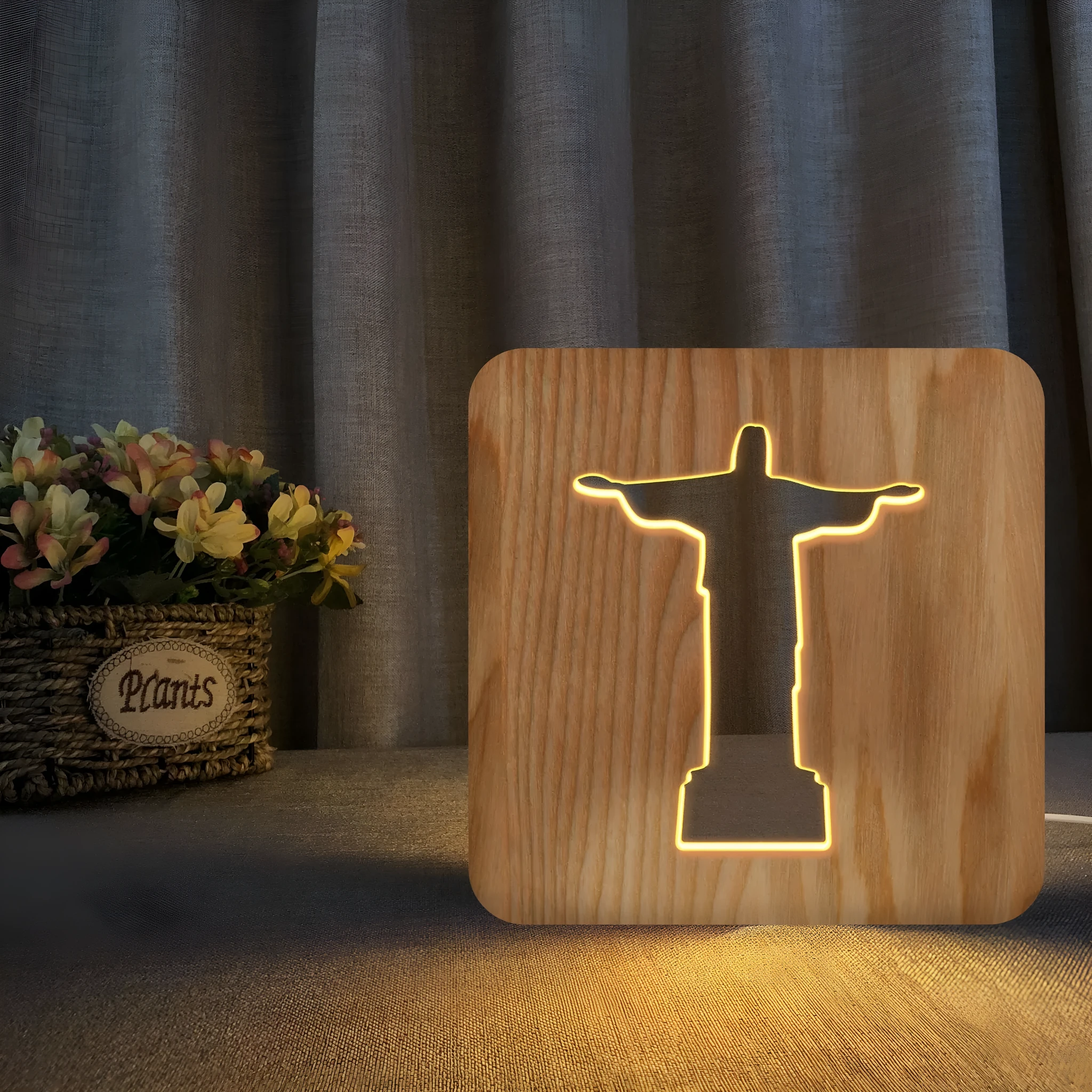 Solid wood hollow night lamp with warm white LED light and USB power cable