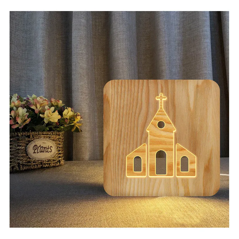 Solid wood hollow night lamp with warm white LED light and USB power cable