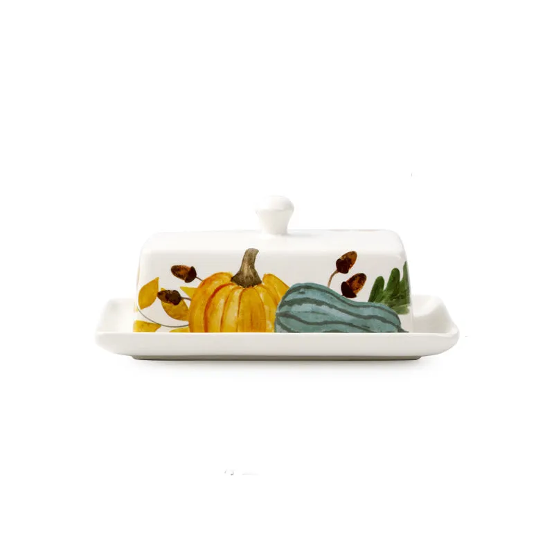 Square blue ceramic butter box with floral pattern lid for cutlery storage