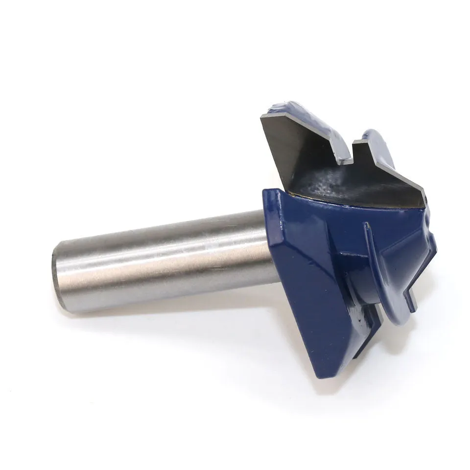 Blue-tipped half-inch woodworking tenon cutter with 45-degree angle in plastic storage box