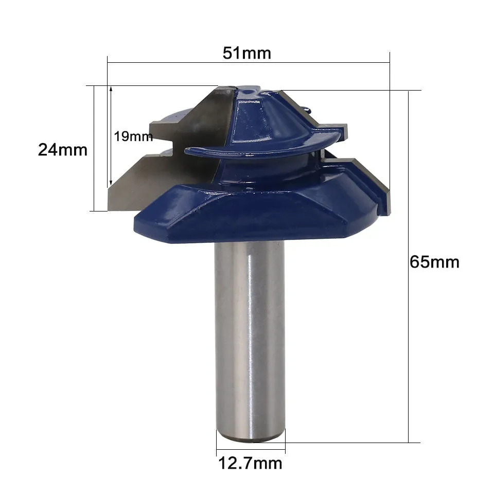Blue-tipped half-inch woodworking tenon cutter with 45-degree angle in plastic storage box