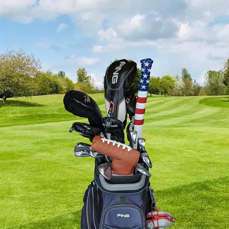 Black PU leather golf push rod sleeve for storing club head covers.