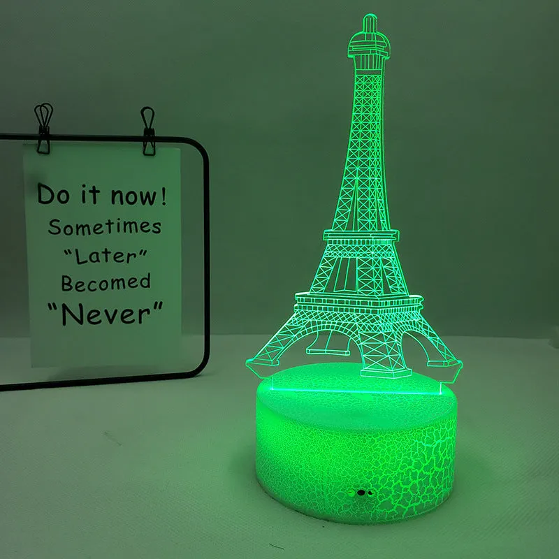 Eiffel Tower themed table lamp with multicolour LED glow on a acrylic shade.