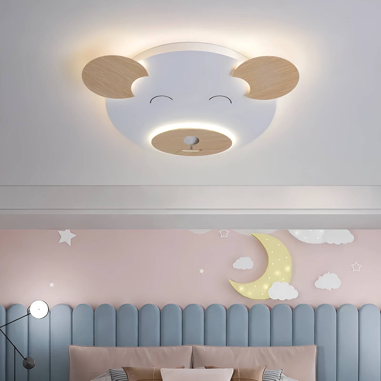 Creative cartoon bear ceiling lamp with PMMA lampshade, wrought iron mount, and wood grain finish, large size 54x46x4cm