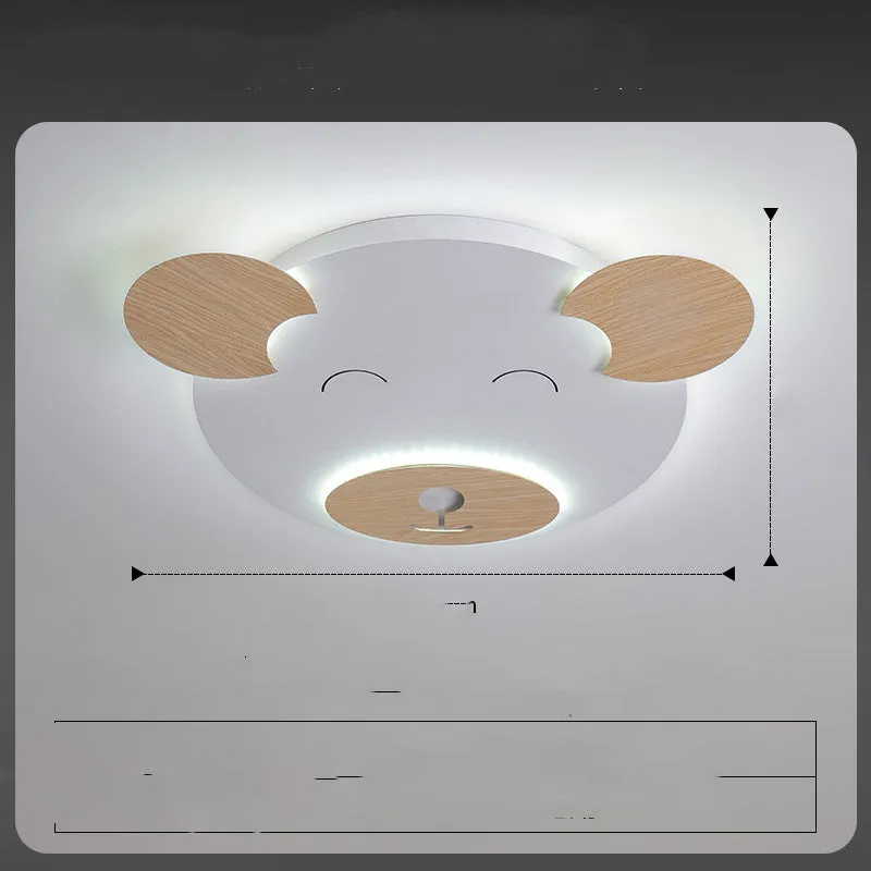 Creative cartoon bear ceiling lamp with PMMA lampshade, wrought iron mount, and wood grain finish, large size 54x46x4cm