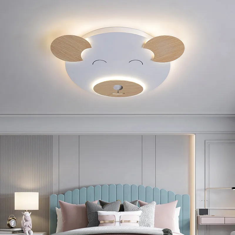 Creative cartoon bear ceiling lamp with PMMA lampshade, wrought iron mount, and wood grain finish, large size 54x46x4cm