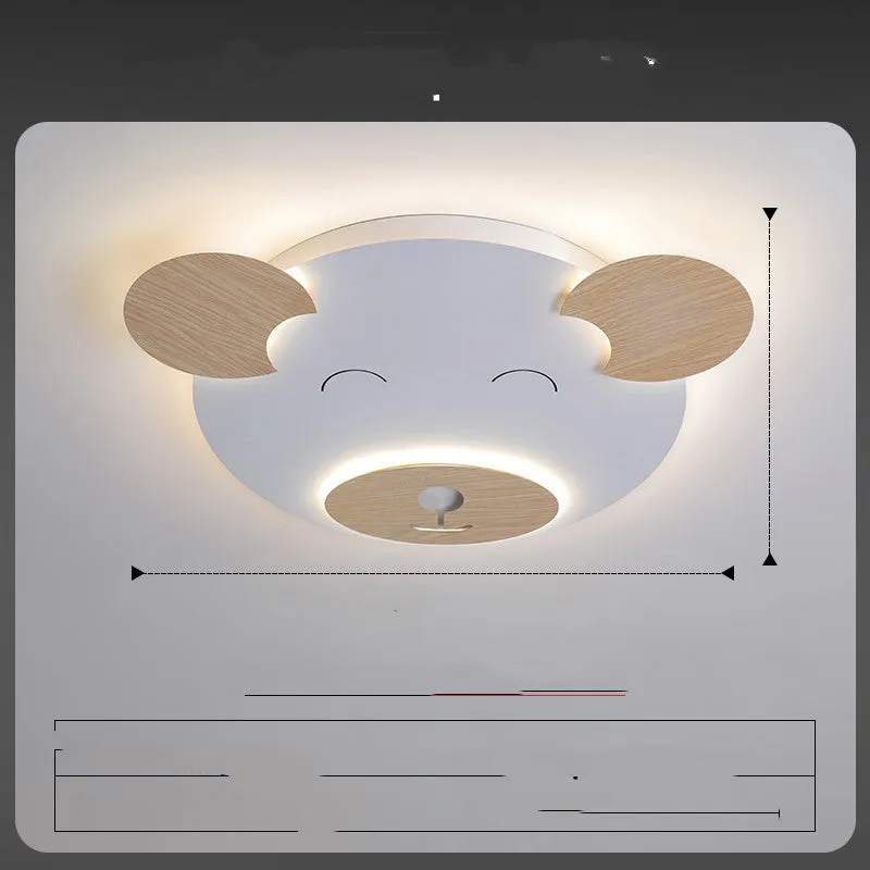Creative cartoon bear ceiling lamp with PMMA lampshade, wrought iron mount, and wood grain finish, large size 54x46x4cm
