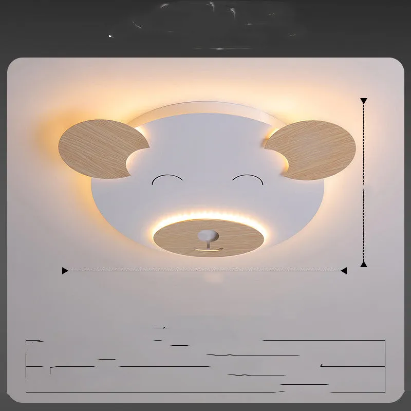 Creative cartoon bear ceiling lamp with PMMA lampshade, wrought iron mount, and wood grain finish, large size 54x46x4cm