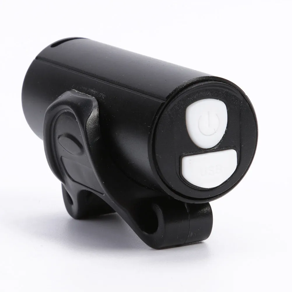 Black USB rechargeable bicycle front light with 350 lumen output and adjustable strap mount