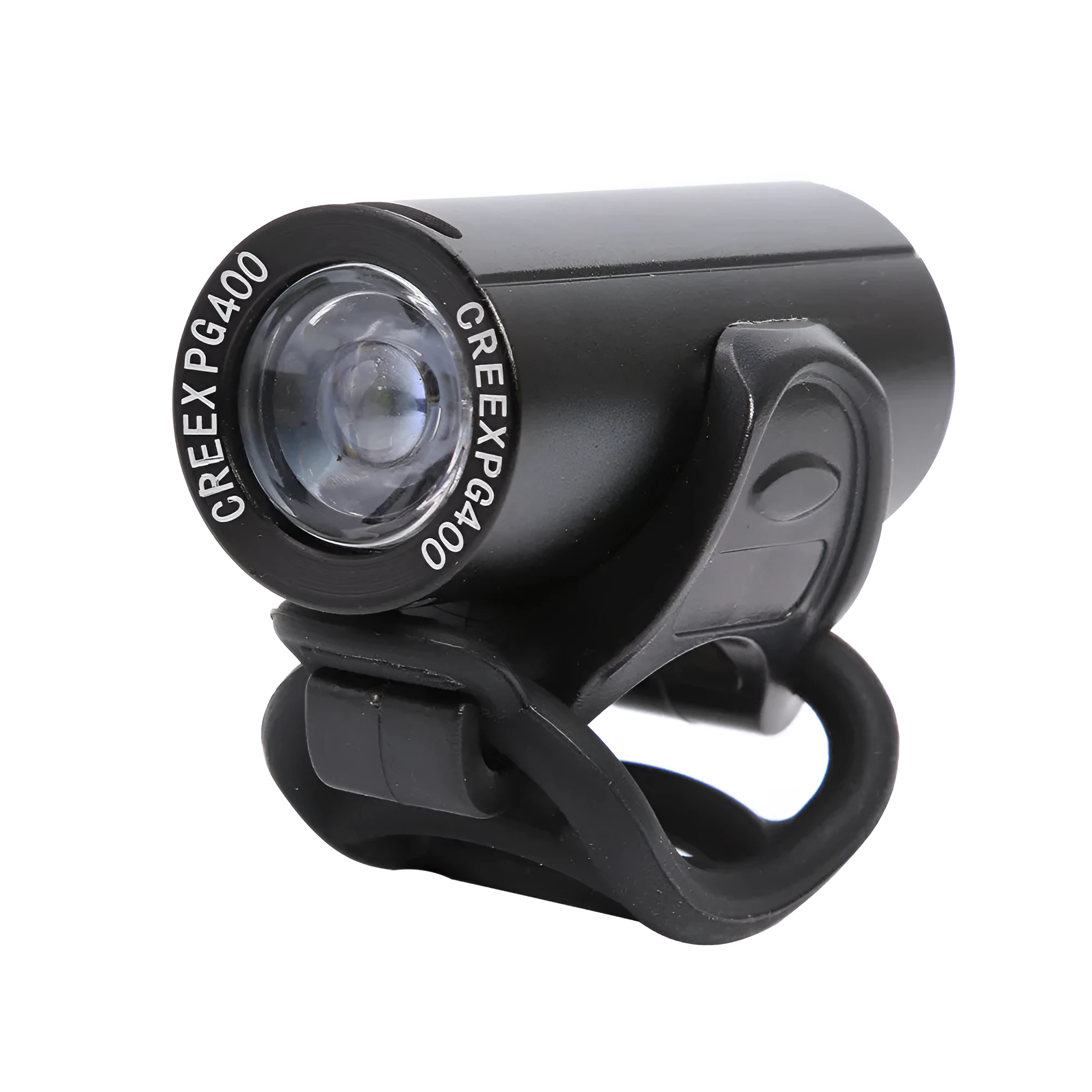 Black USB rechargeable bicycle front light with 350 lumen output and adjustable strap mount