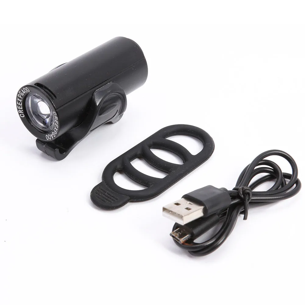 Black USB rechargeable bicycle front light with 350 lumen output and adjustable strap mount