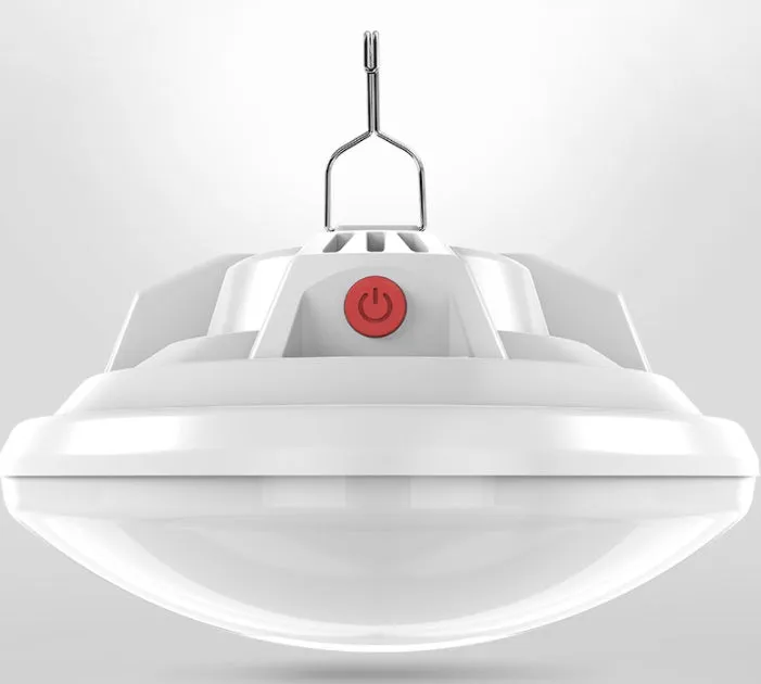Solar-powered portable LED camp light with built-in 18650 battery for extended outdoor lighting.