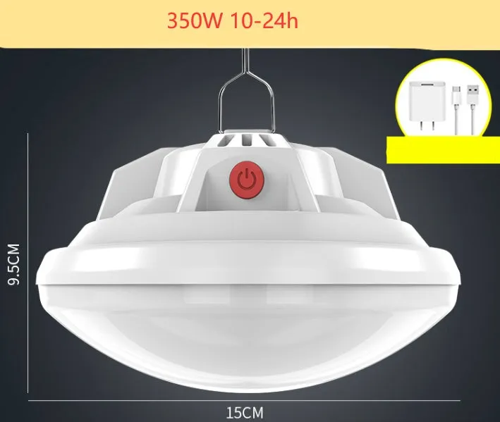 Solar-powered portable LED camp light with built-in 18650 battery for extended outdoor lighting.