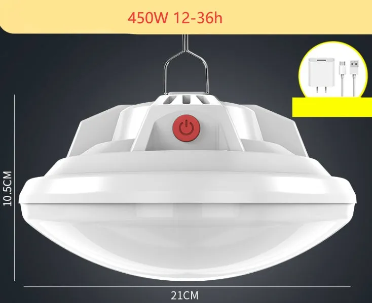 Solar-powered portable LED camp light with built-in 18650 battery for extended outdoor lighting.