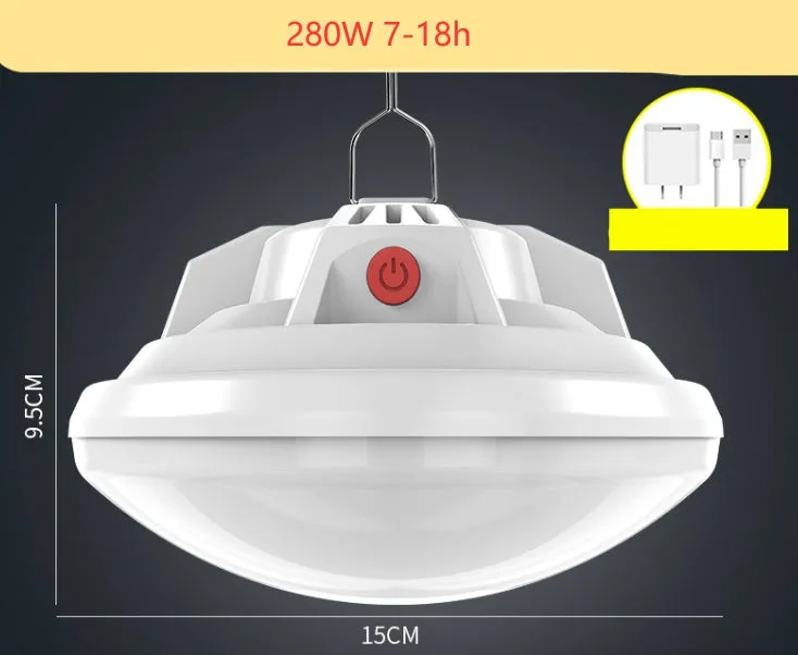 Solar-powered portable LED camp light with built-in 18650 battery for extended outdoor lighting.