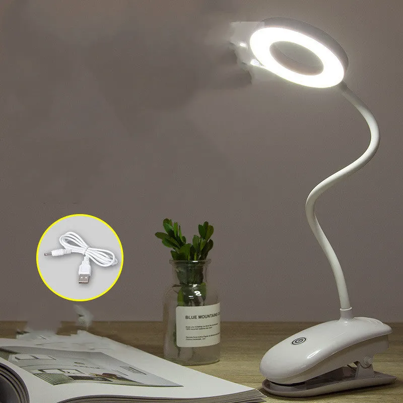 Clip-on rechargeable desk lamp with touch controls showing modern minimalist design