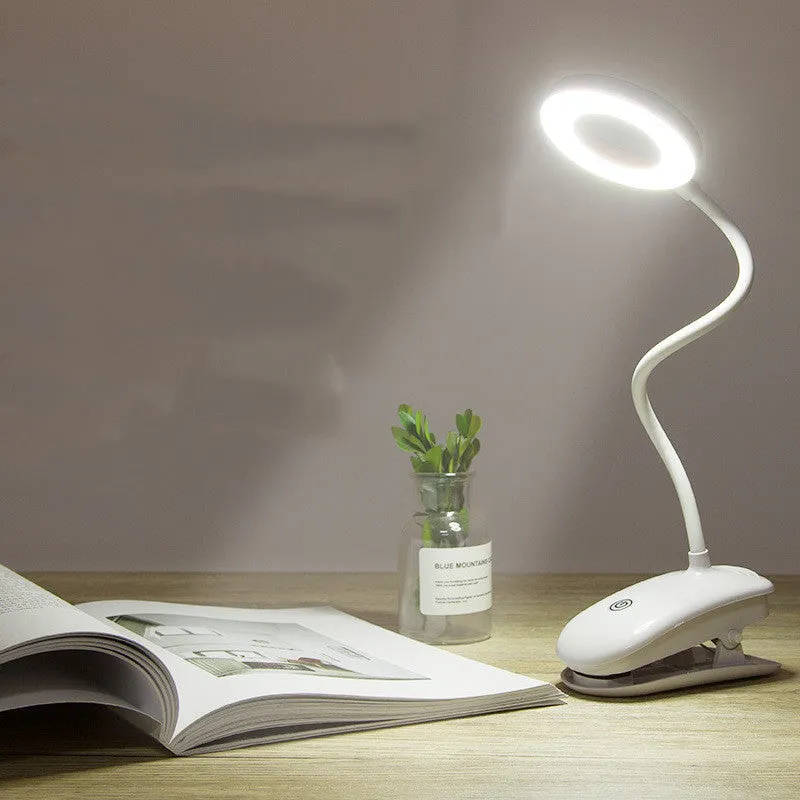 Clip-on rechargeable desk lamp with touch controls showing modern minimalist design
