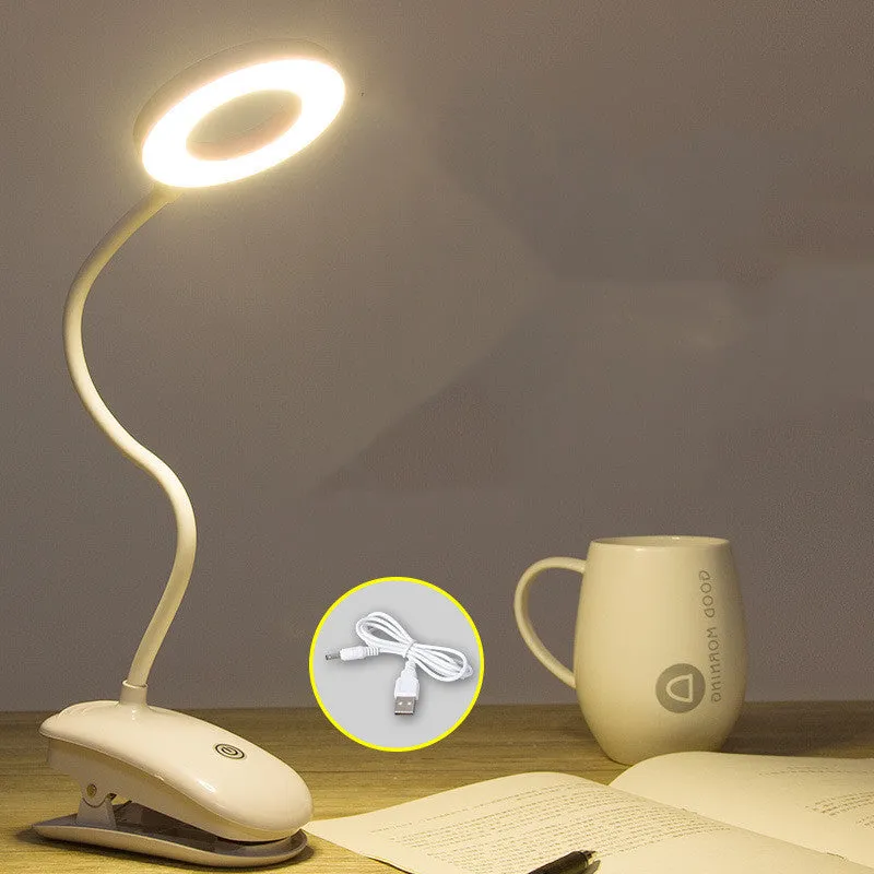 Clip-on rechargeable desk lamp with touch controls showing modern minimalist design