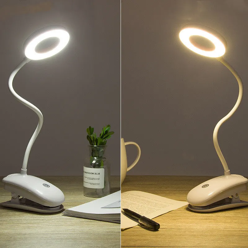Clip-on rechargeable desk lamp with touch controls showing modern minimalist design