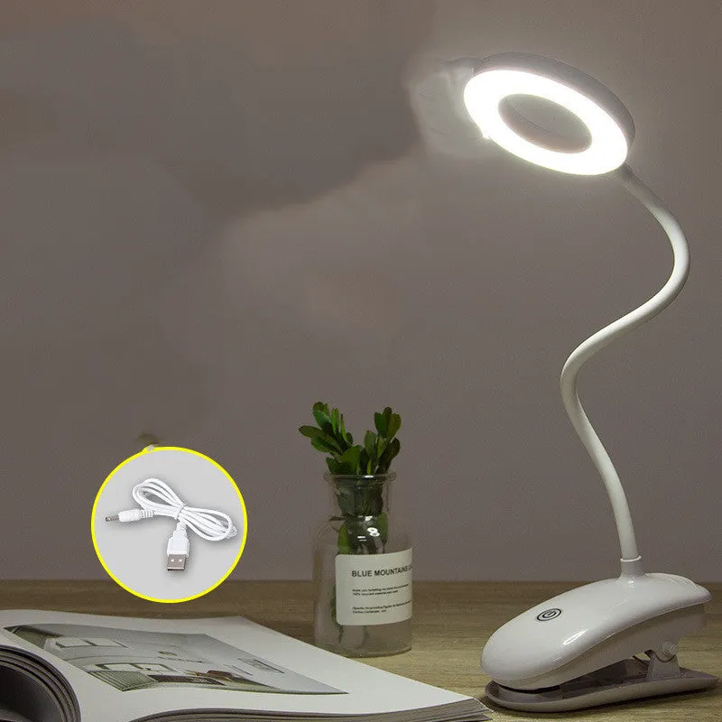 Clip-on rechargeable desk lamp with touch controls showing modern minimalist design
