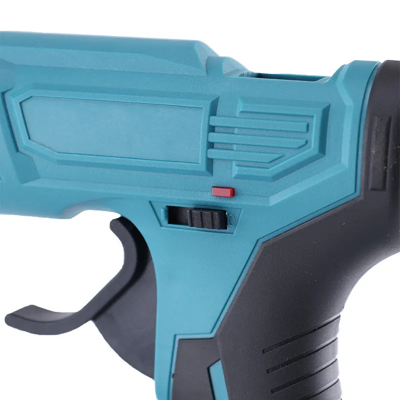 Cordless hot melt glue gun with two lithium batteries and pack of 11mm glue sticks