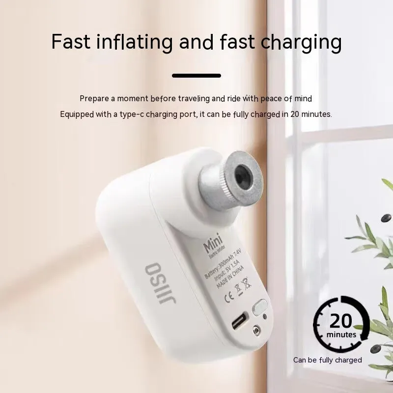 Mini electric portable bicycle pump in black, light blue, or white with charging cable and valve accessories