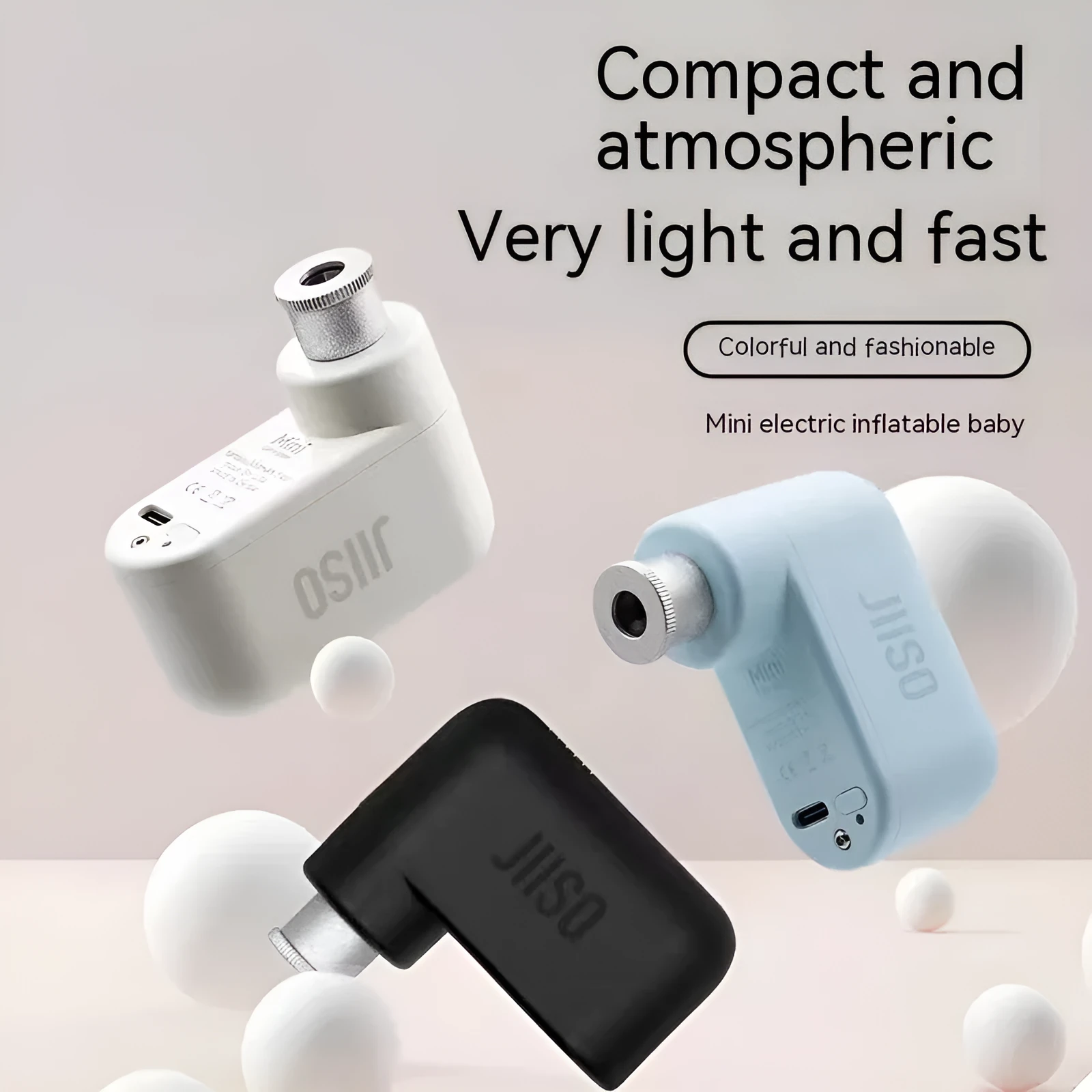 Mini electric portable bicycle pump in black, light blue, or white with charging cable and valve accessories