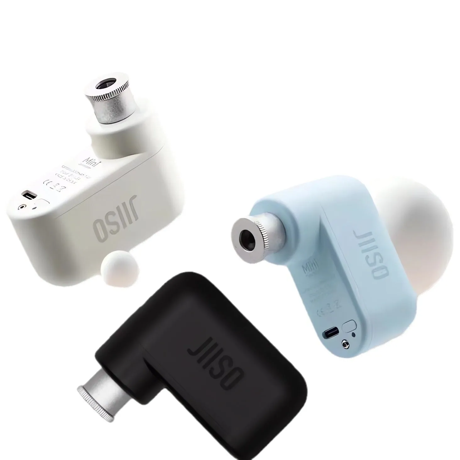 Mini electric portable bicycle pump in black, light blue, or white with charging cable and valve accessories