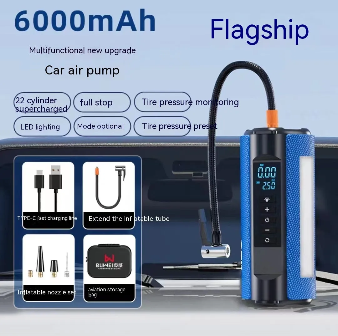 TS01L portable electric car air pump with LED light and USB port on compact ABS housing