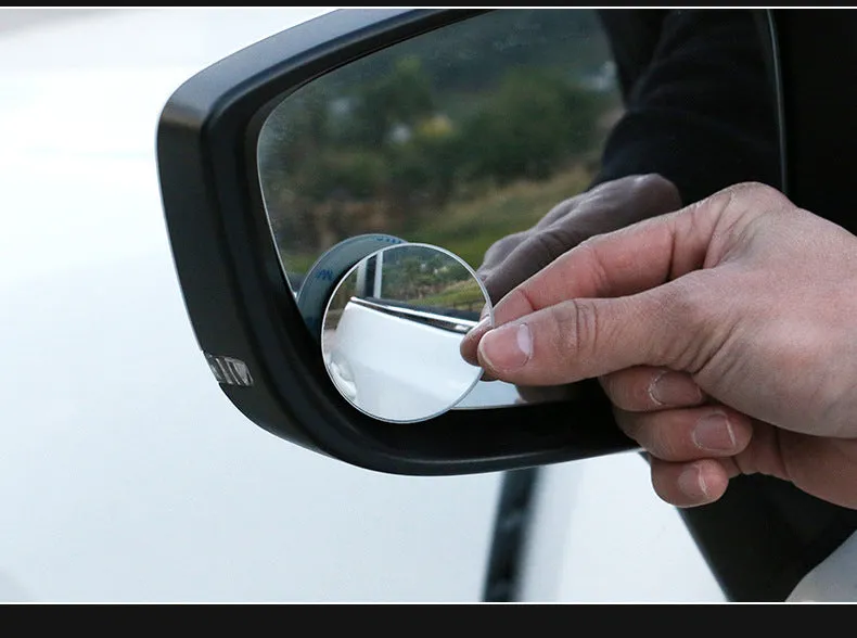 Silver car blind spot mirror with convex glass and 360° adjustable mount for rearview mirror attachment