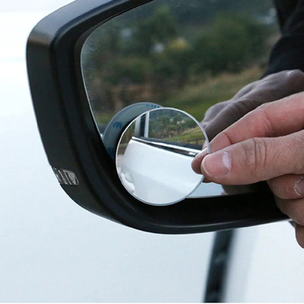 Silver car blind spot mirror with convex glass and 360° adjustable mount for rearview mirror attachment