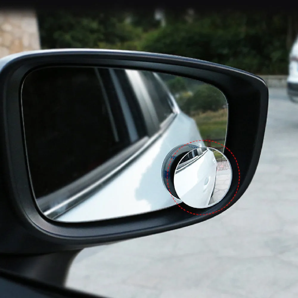 Silver car blind spot mirror with convex glass and 360° adjustable mount for rearview mirror attachment