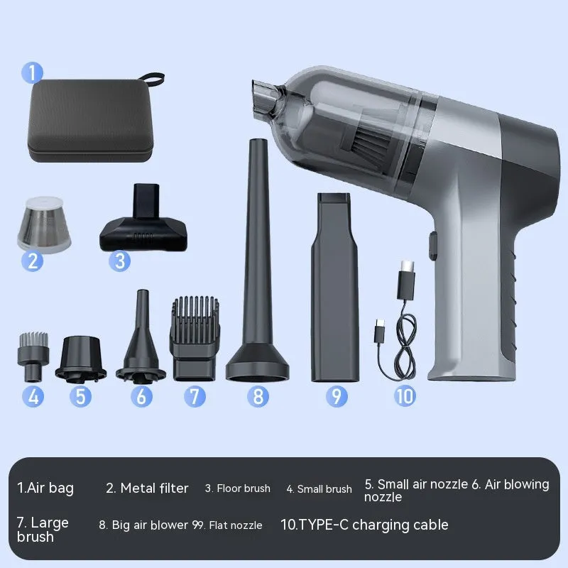 Wireless handheld car vacuum cleaner with attachments including brushes and nozzles for interior cleaning