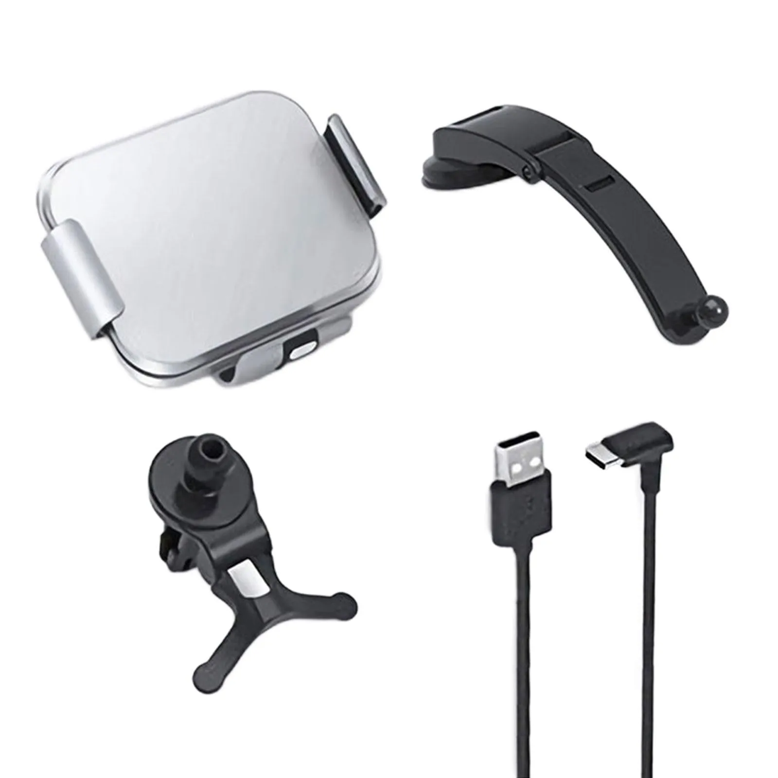 Grey wireless charging car phone holder with folding screen, shown with air conditioner clip and suction cup mounting accessories.