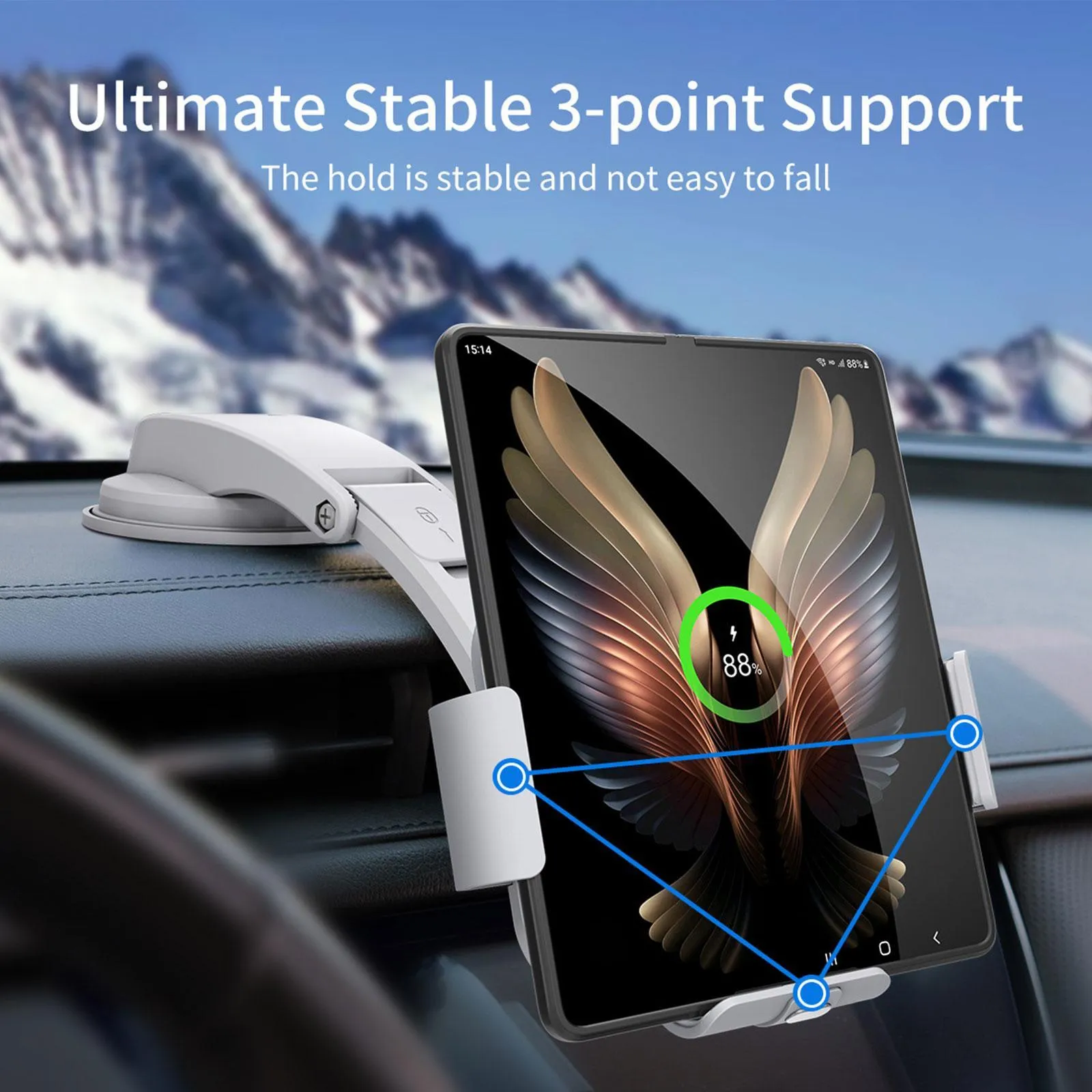 Grey wireless charging car phone holder with folding screen, shown with air conditioner clip and suction cup mounting accessories.