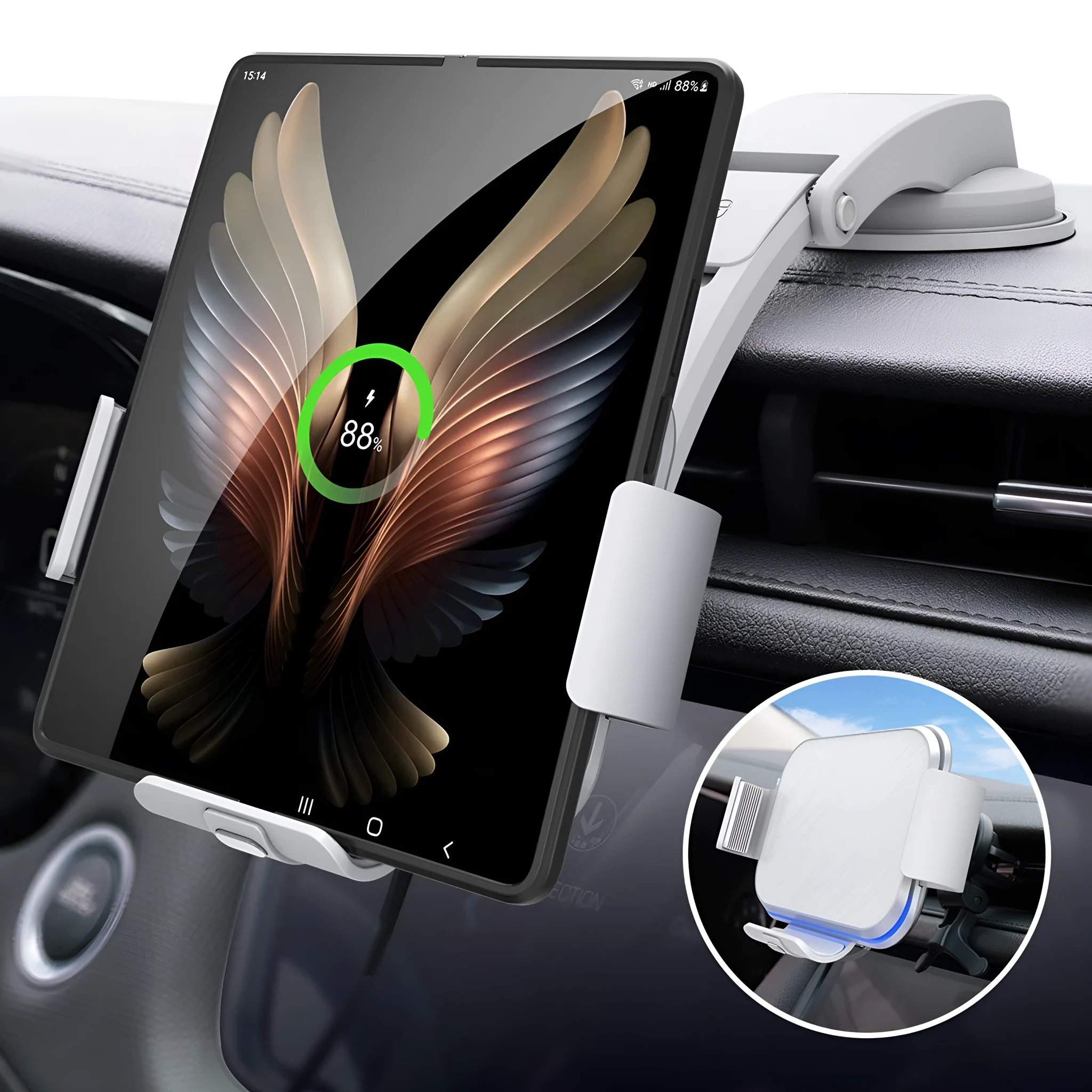 Grey wireless charging car phone holder with folding screen, shown with air conditioner clip and suction cup mounting accessories.