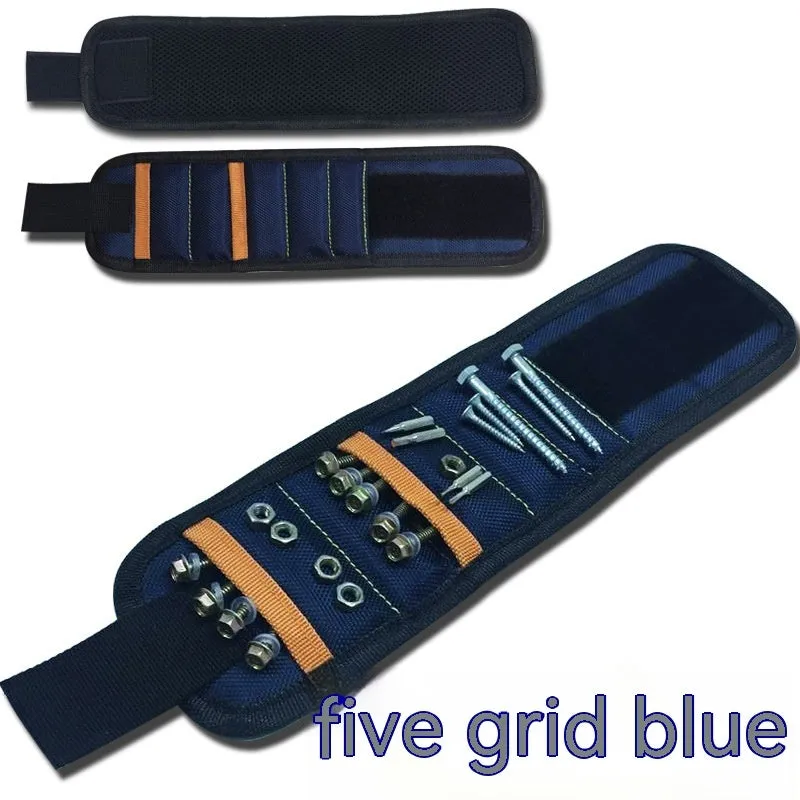 Black Oxford cloth magnetic tool wristband with 15 grid pockets and Velcro strap laid flat
