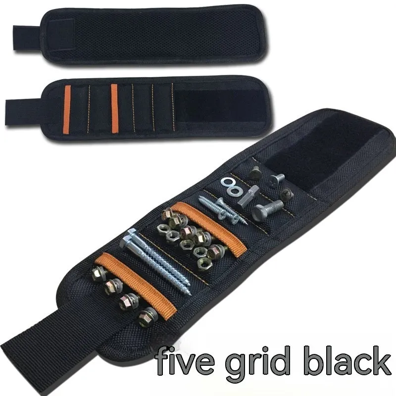 Black Oxford cloth magnetic tool wristband with 15 grid pockets and Velcro strap laid flat