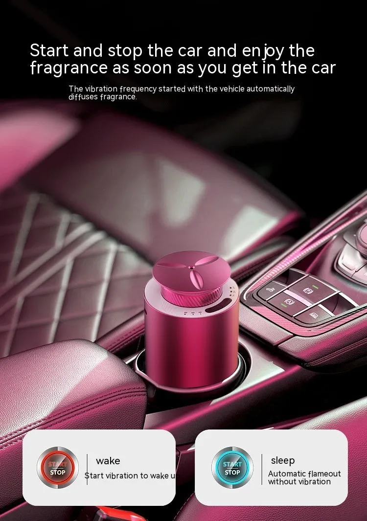 Portable car aroma diffuser in column shape with metal construction and touch button controls